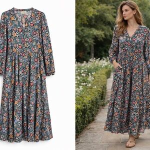 Floral Tiered Midi Coquette Milkmaid Cottagecore Tiered Dress  Button Front  L